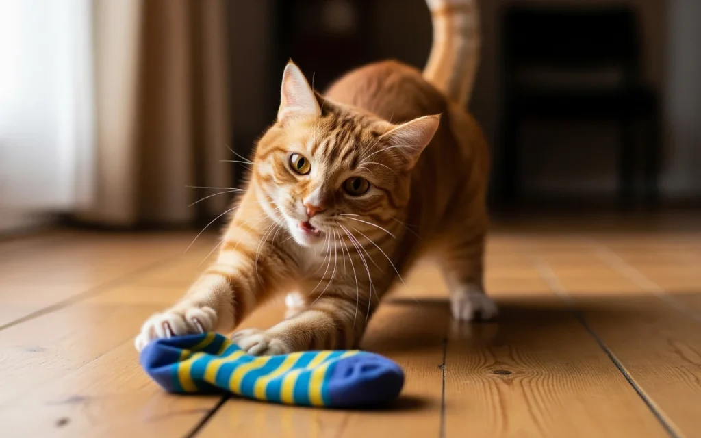 a ginger cat with a mischievous grin, its amber eyes sparkling with playful intent, as it bats at a brightly colored sock
