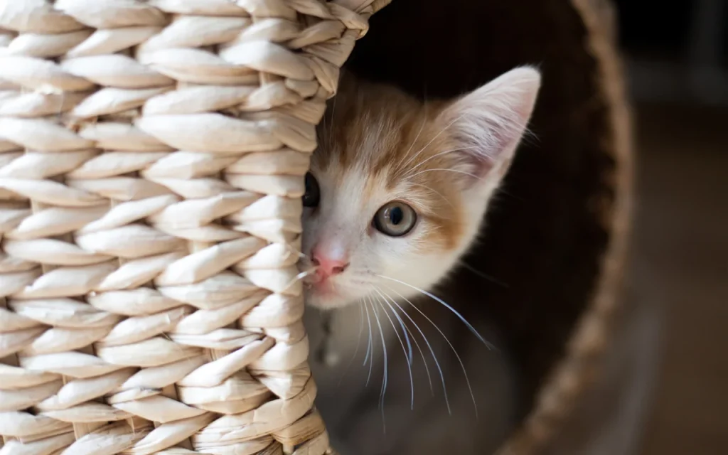 A small orange and white kitten with wide eyes peeks out shyly from inside a woven, light-colored basket.