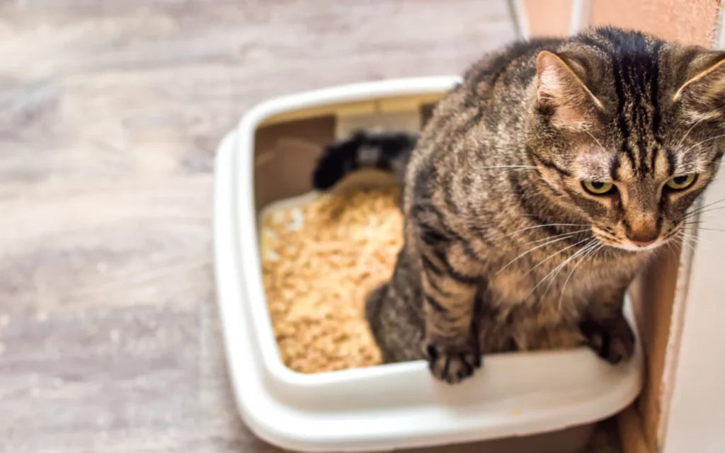 Cat showing signs of discomfort while using the litter box