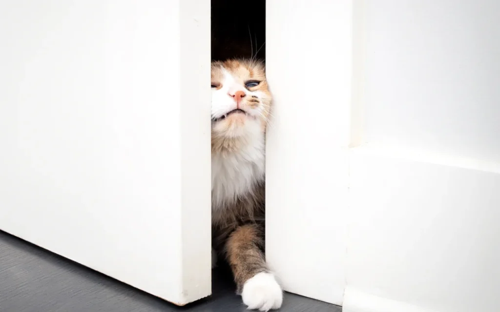 Curious cat pushing bathroom door open with nose