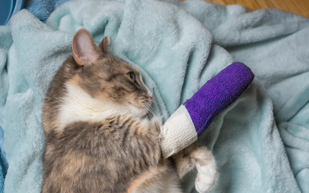 Injured cat lying down with a paw bandage and purring calmly