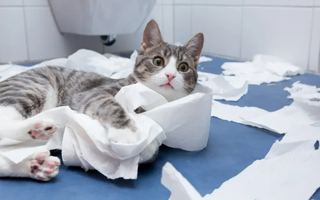 Mischievous cat unraveling toilet paper in bathroom