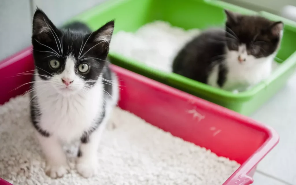 Young kitten exploring litter box with interest