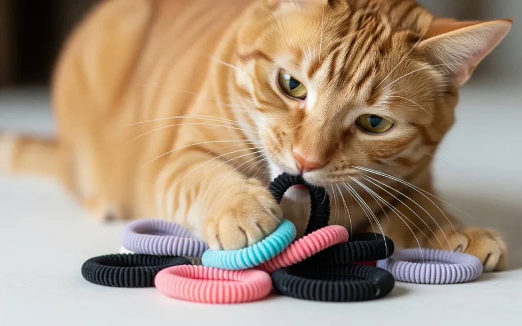 a ginger cat with a mischievous expression, playfully pawing at a collection of assorted colorful hair ties