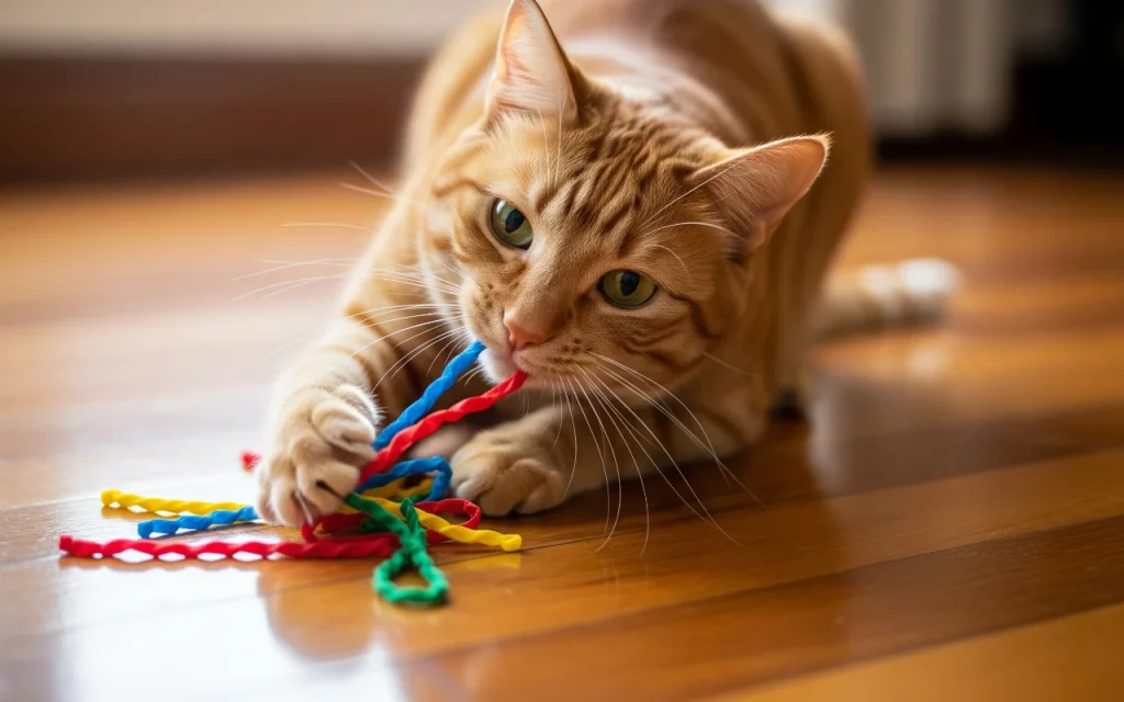 a ginger cat with a mischievous glint in its emerald eyes, playfully batting at a tangle of colorful twist ties
