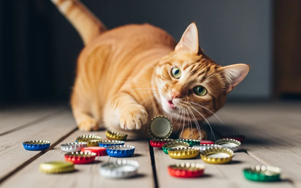 a ginger cat with bright green eyes and a mischievous grin, playfully batting at a vibrant collection of bottle caps