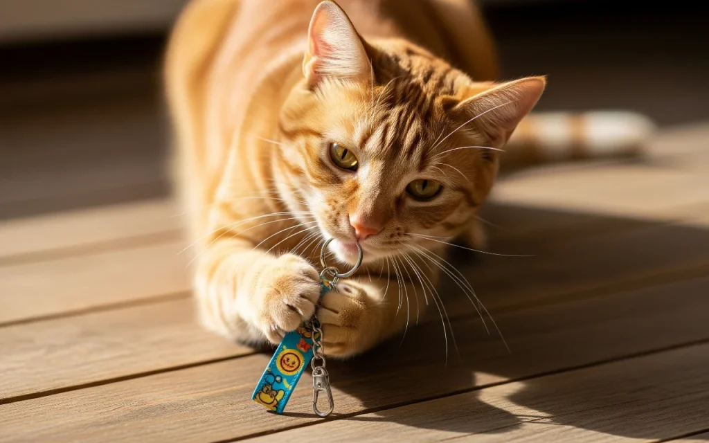 cat has a mischievous glint in its eyes and is playfully pawing at a dangling key chain