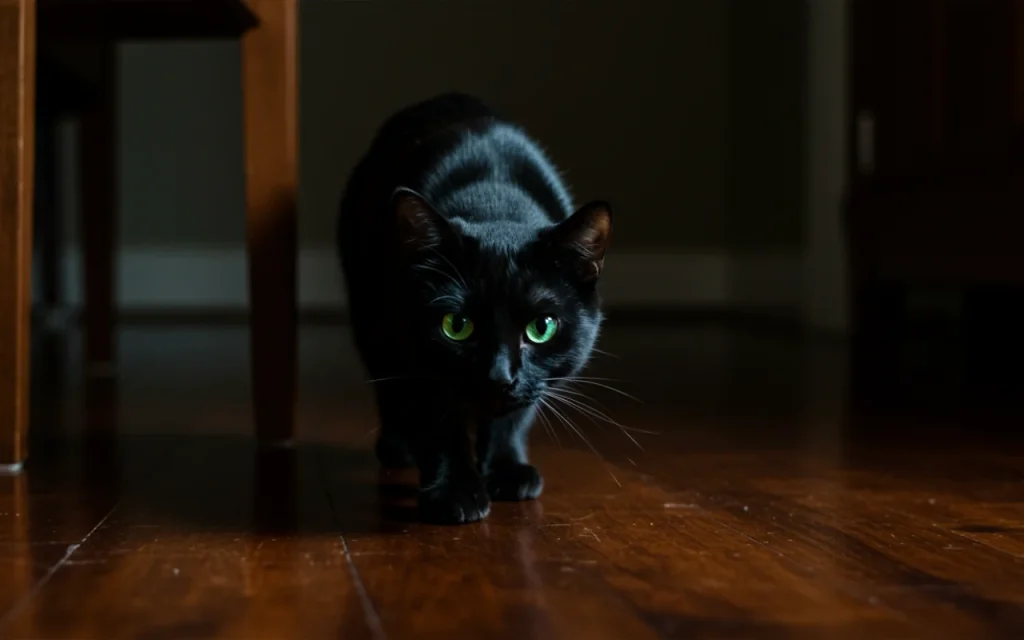 A black cat in a classic stalking pose, moving slowly and stealthily across a wooden floor