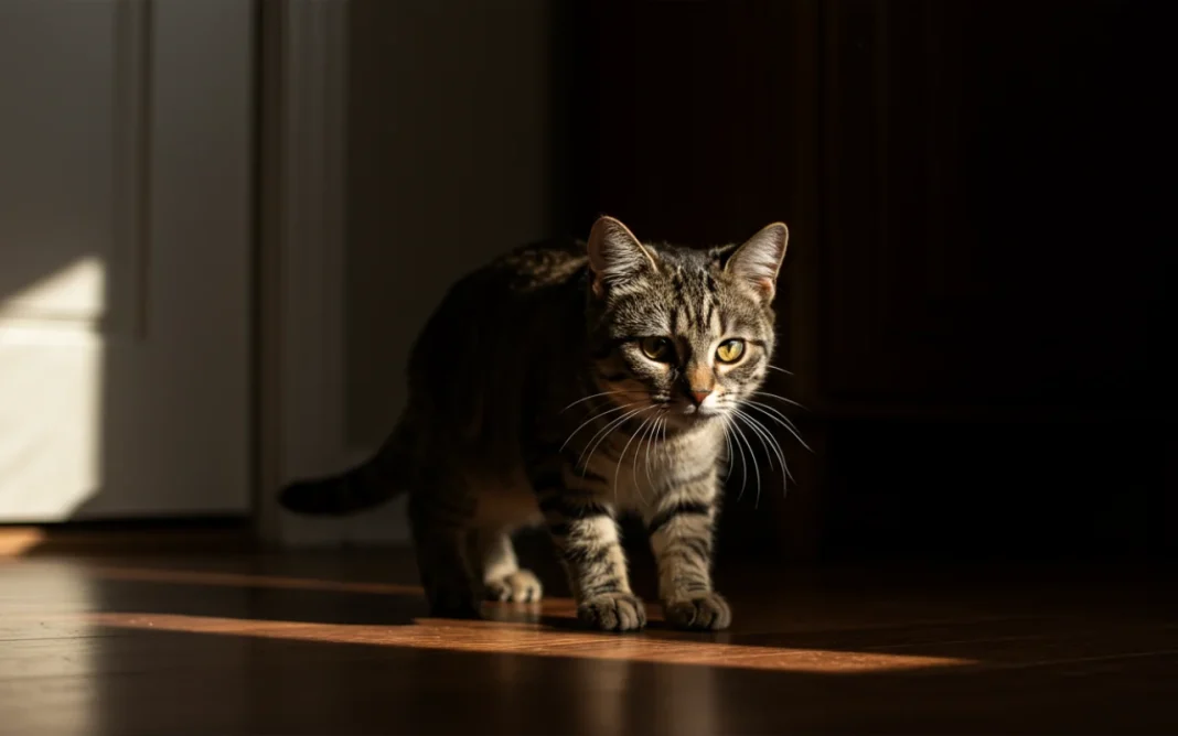 A cat sneaking around quietly, body low and tail slightly raised, moving cautiously through a dimly lit room