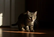 Why Do Cats Sneak Around? A Vet Explains the Behavior A cat sneaking around quietly, body low and tail slightly raised, moving cautiously through a dimly lit room
