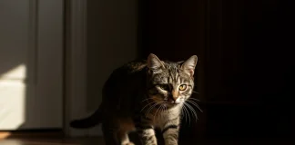 Why Do Cats Sneak Around? A Vet Explains the Behavior A cat sneaking around quietly, body low and tail slightly raised, moving cautiously through a dimly lit room