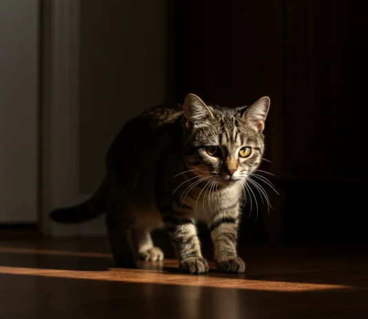 Why Do Cats Sneak Around? A Vet Explains the Behavior A cat sneaking around quietly, body low and tail slightly raised, moving cautiously through a dimly lit room