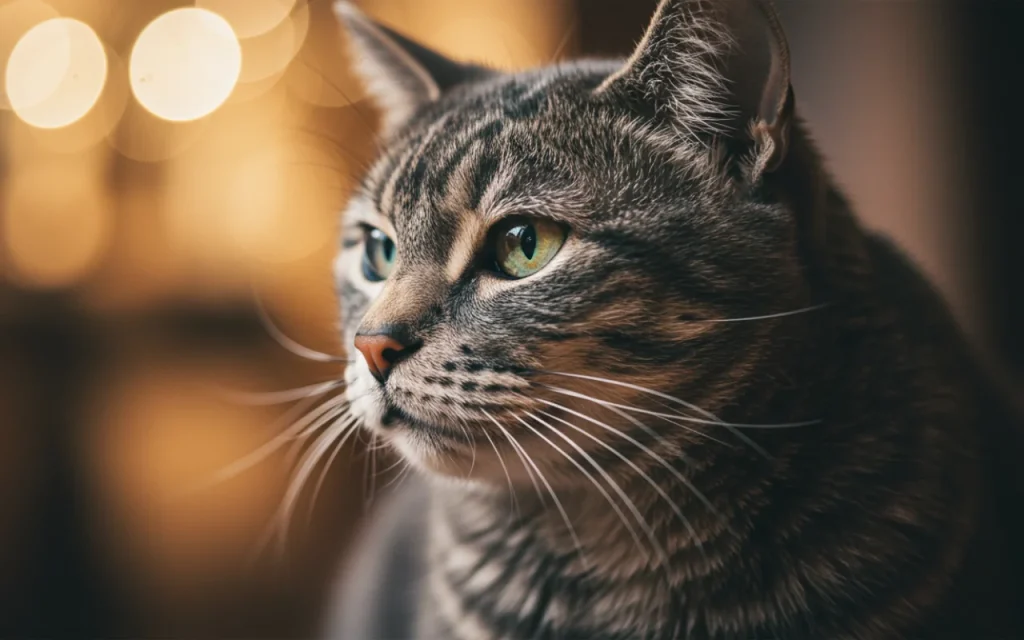A close-up of a serene senior cat's face, showing its wise and gentle expression