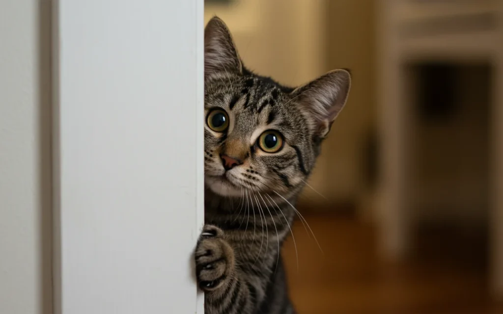 A curious tabby cat carefully peeking around a white door frame