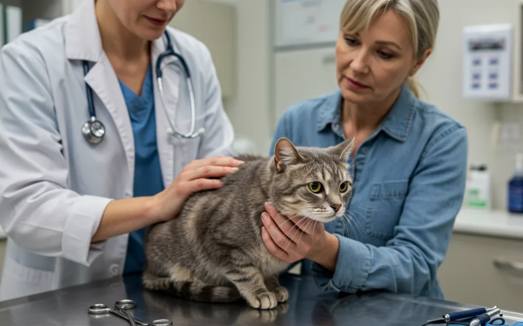 An empathetic vet performs a check-up on an older cat, demonstrating the diagnostic process