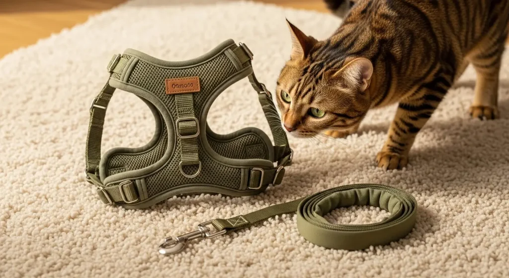 A cat sniffing a cat harness and leash lying on the floor, getting acquainted with the new objects