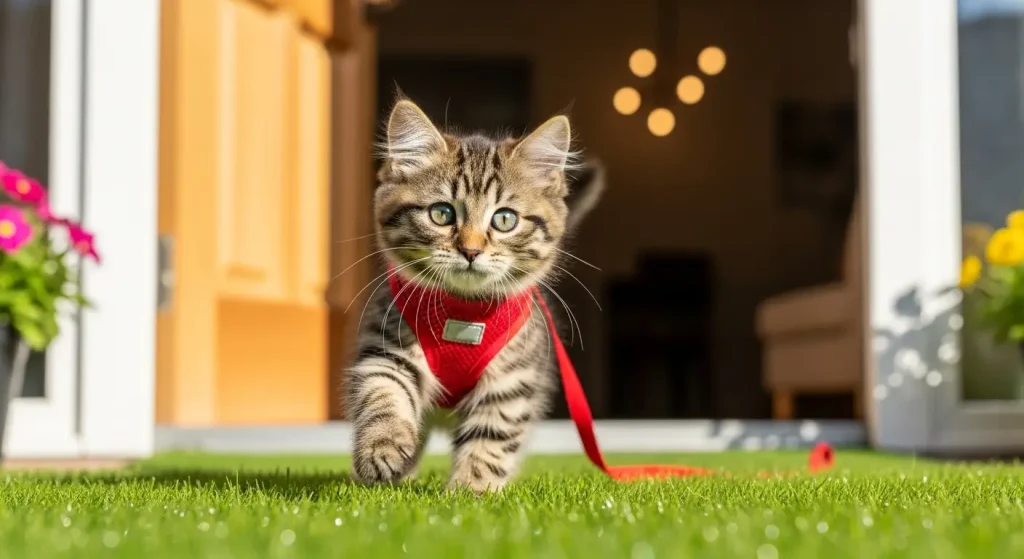 A cat tentatively steps onto the grass for the first time while on a leash and harness