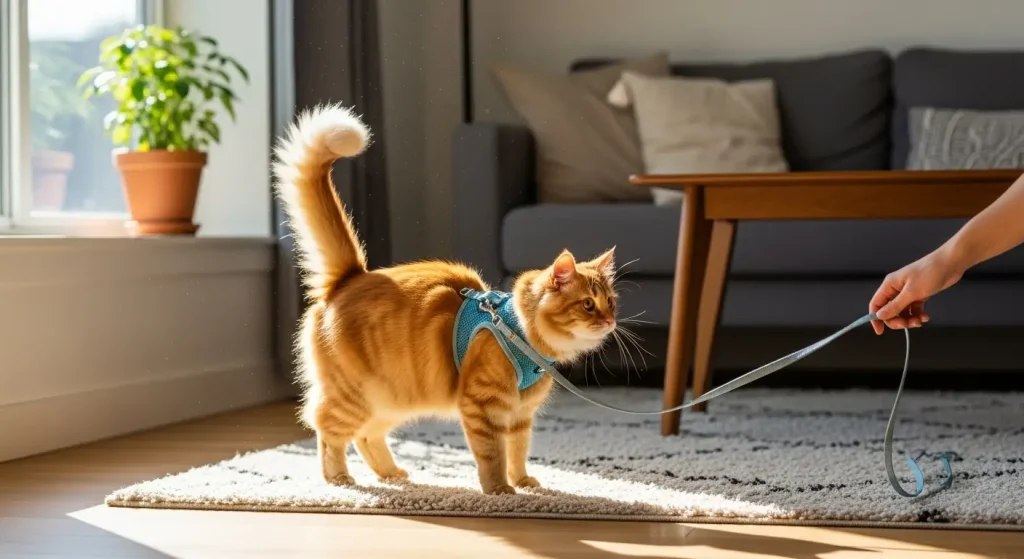 A cat wearing a harness on a leash walks around its home to get comfortable with the feeling