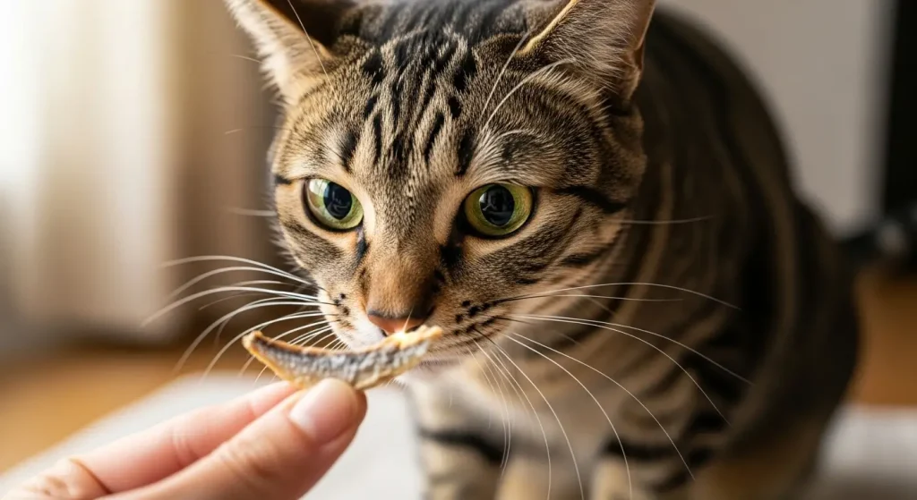 A close-up of a cat intently focused on a high-value treat during a training session.