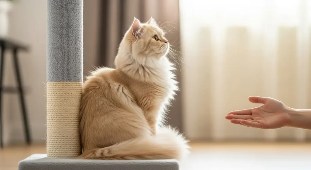 A majestic white Persian cat looking away from its owner with an unimpressed expression.