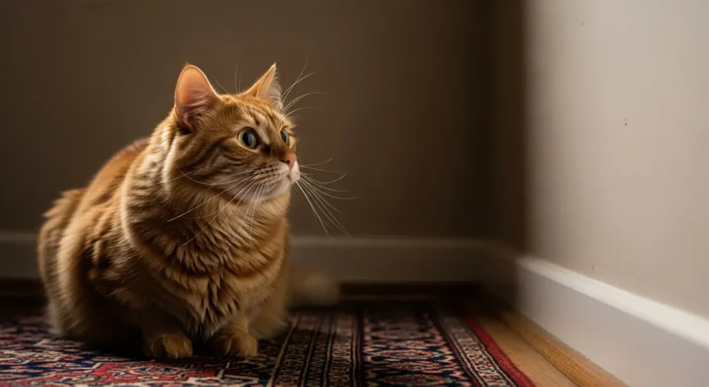 A cat with large, focused pupils staring at a blank wall, demonstrating intense concentration