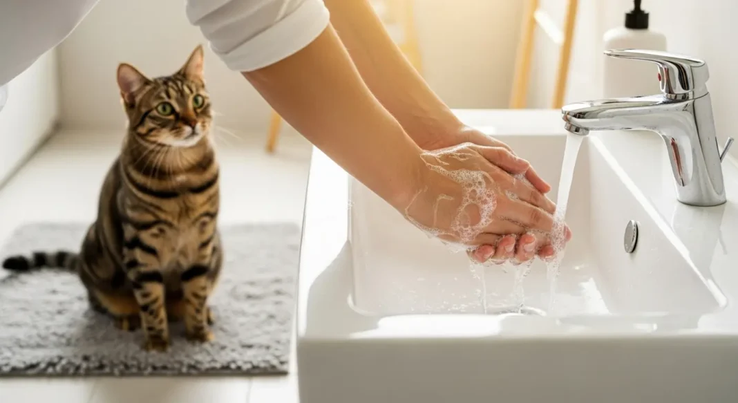 A person practices good hygiene by washing their hands, with their healthy pet cat visible in the background of their home A person practices good hygiene by washing their hands, with their healthy pet cat visible in the background of their home.