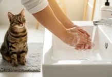 Can You Get Sick From Your Cat? A Vet Explains the Real Risks A person practices good hygiene by washing their hands, with their healthy pet cat visible in the background of their home.