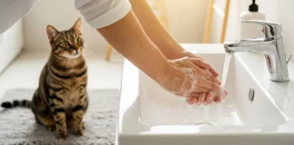 Can You Get Sick From Your Cat? A Vet Explains the Real Risks A person practices good hygiene by washing their hands, with their healthy pet cat visible in the background of their home.