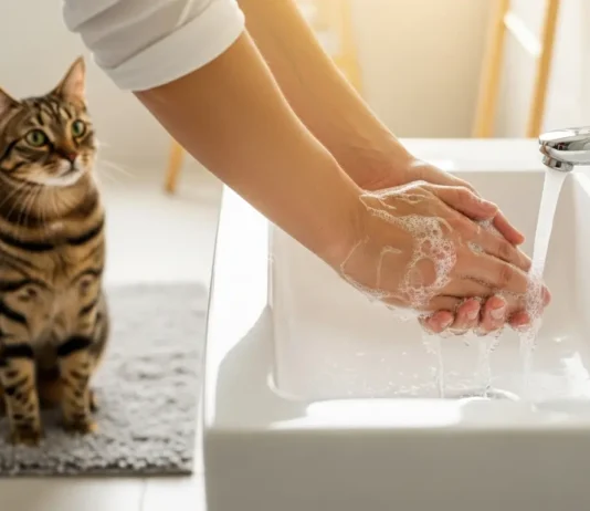 Can You Get Sick From Your Cat? A Vet Explains the Real Risks A person practices good hygiene by washing their hands, with their healthy pet cat visible in the background of their home.