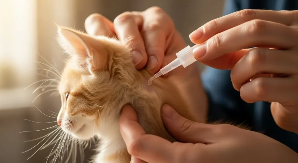 A veterinarian applies a monthly flea prevention treatment to a kitten during its first check-up